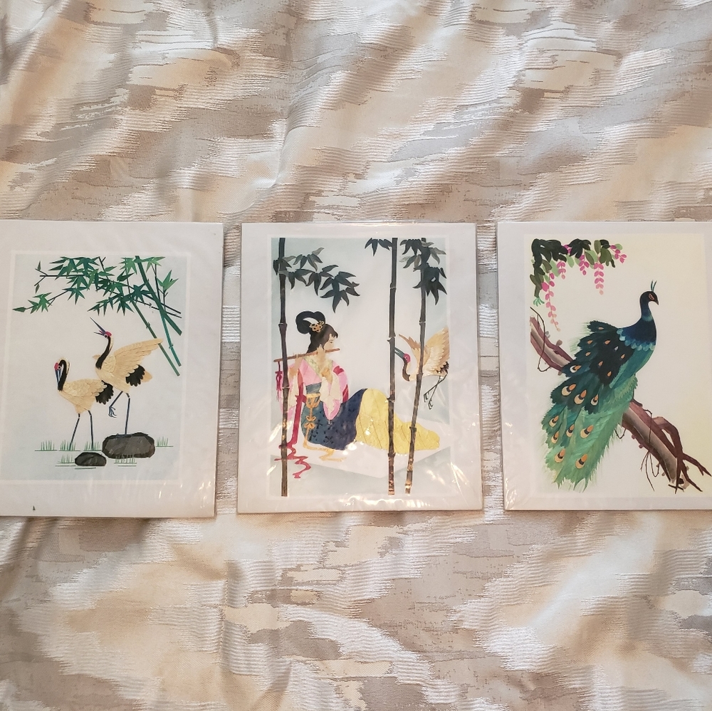 Set of 3 Hand cut and dyed wheat stalk on silk Japanese art piece🎋 Vintage Asia - Picture 1 of 10